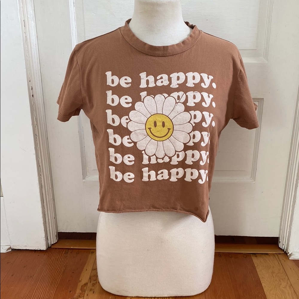 Altar’d State‎ Be Happy Brown Short Sleeve Flower Crop Top Medium